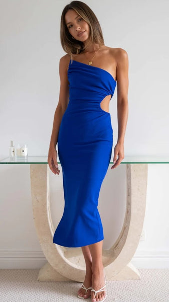 Royal Blue One Shoulder Midi Dress