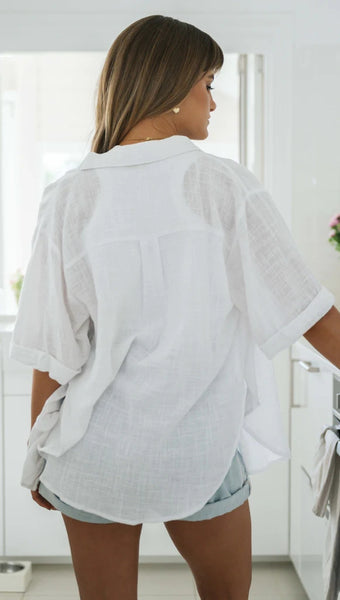 White Button Down Short Sleeves Tee