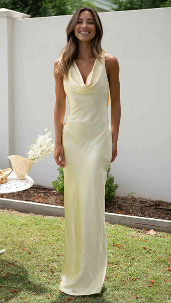 Lemon Backless Halter Maxi Dress
