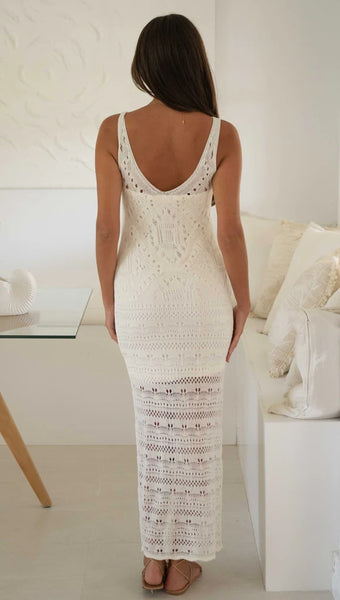 Beigec Crochet Lace Midi Dress