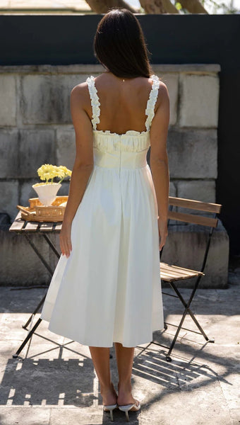 White Ruffled Shoulder Straps Midi Dress