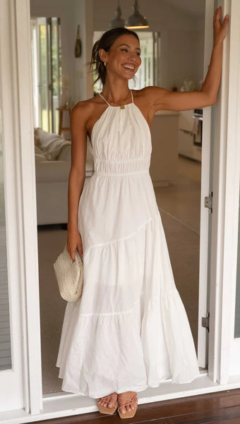 White Halter Sleeveless Midi Dress