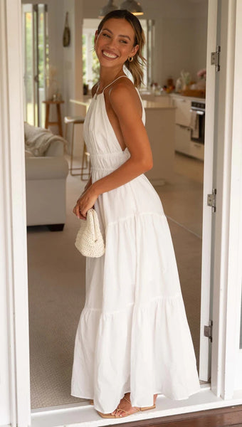 White Halter Sleeveless Midi Dress