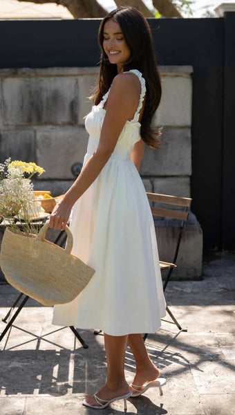 White Ruffled Shoulder Straps Midi Dress
