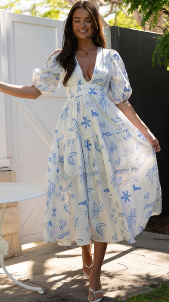 Blue Floral Print Maxi Dress