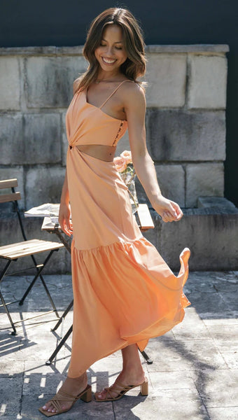 Orange Cutout Waist Midi Dress