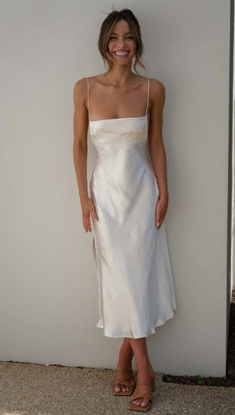 White Slip Satin Midi Dress