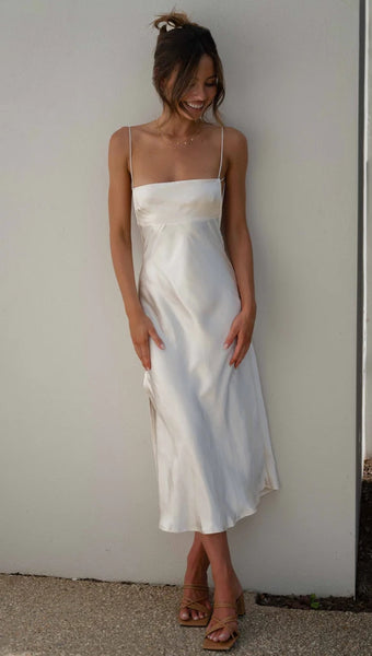 White Slip Satin Midi Dress