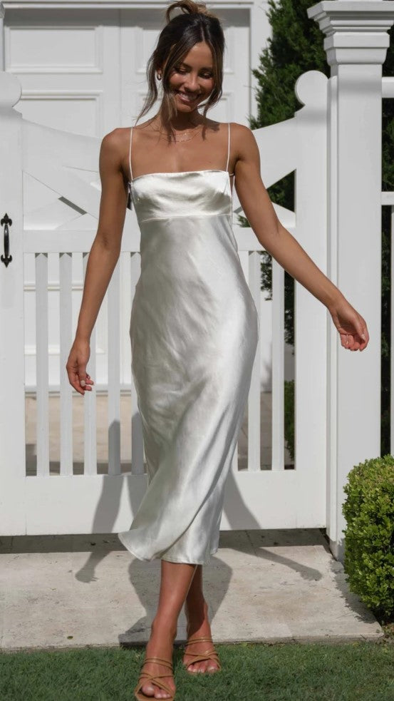 White Slip Satin Midi Dress