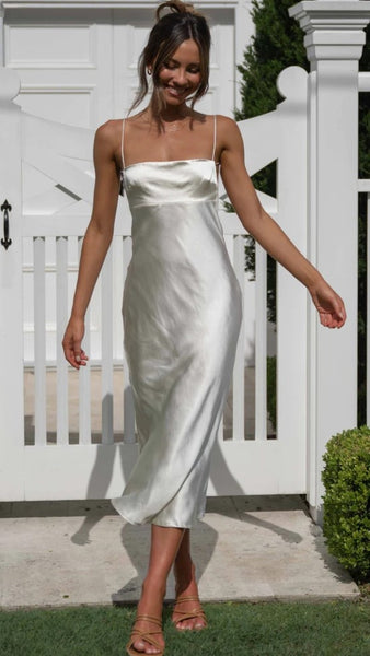 White Slip Satin Midi Dress