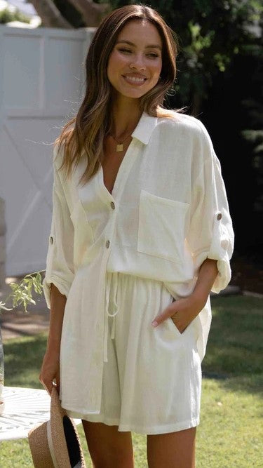 White Solid Button Down Top