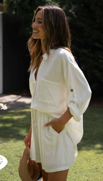 White Solid Button Down Top