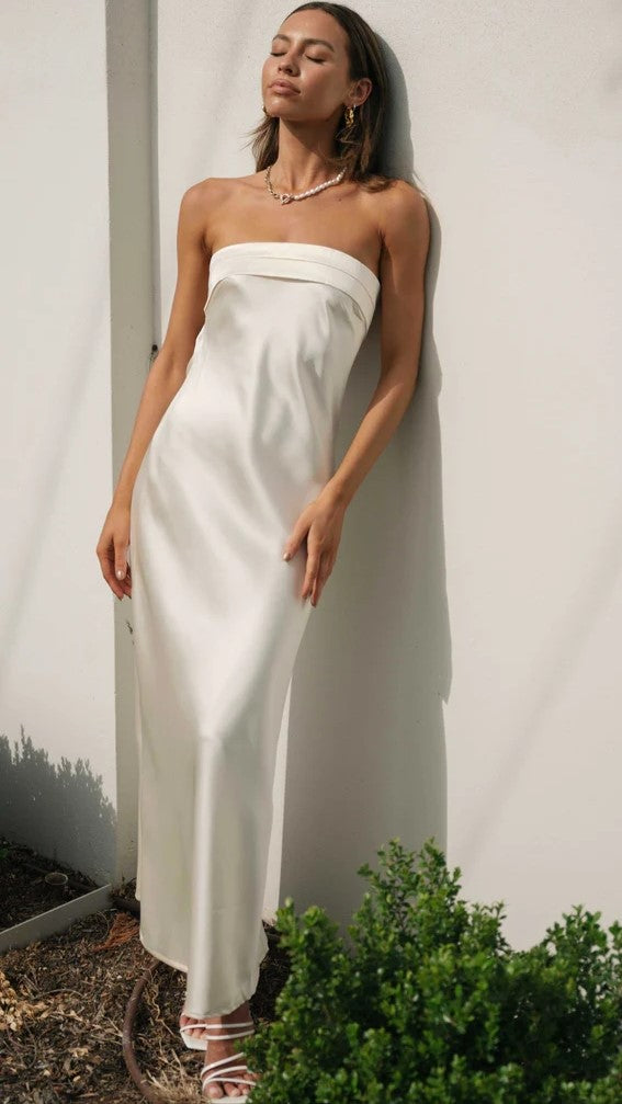 White Bandeau Satin Midi Dress – Gabi Swimwear