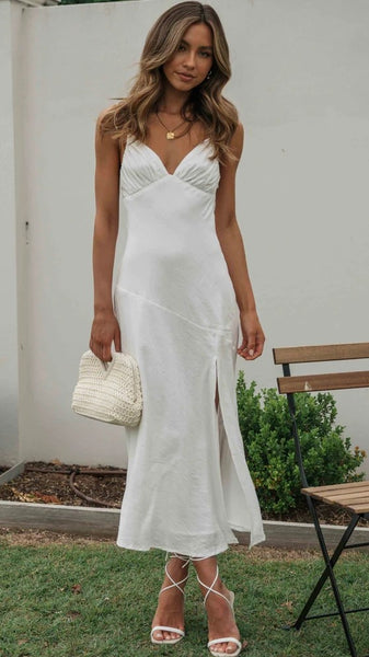 White Shoulder Tie Midi Dress