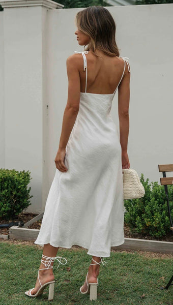 White Shoulder Tie Midi Dress
