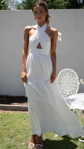 White Crossover Halter Maxi Dress