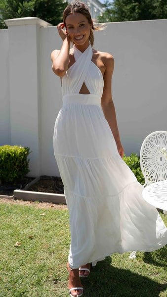 White Crossover Halter Maxi Dress