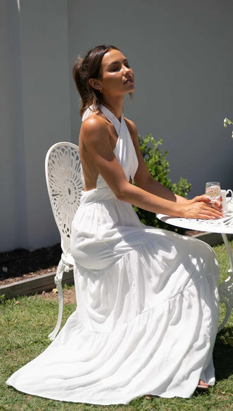 White Crossover Halter Maxi Dress