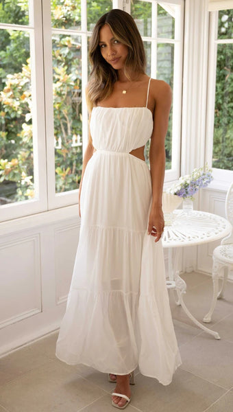 White Cutout Waist Slip Midi Dress