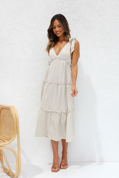 Beige Shoulder Tie Midi Dress