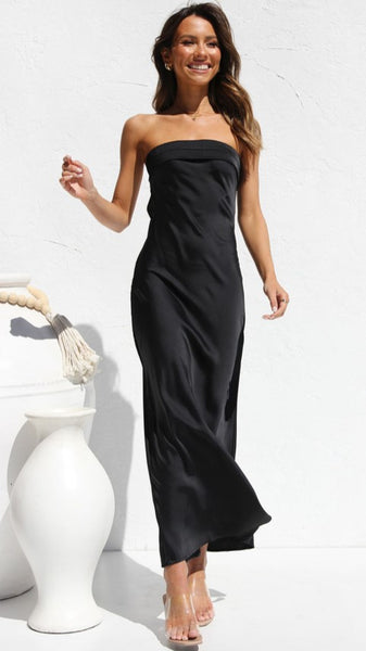 Black Bandeau Satin Midi Dress