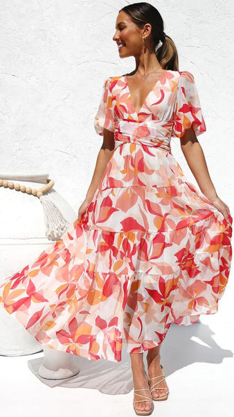 Orange Floral V Neckline Midi Dress