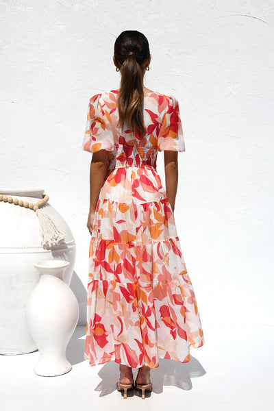 Orange Floral V Neckline Midi Dress