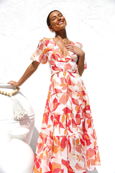 Orange Floral V Neckline Midi Dress