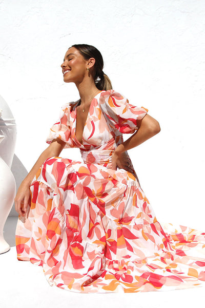 Orange Floral V Neckline Midi Dress