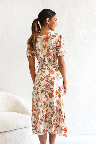 Orange Floral Surplice Midi Dress