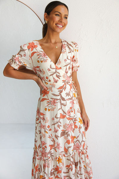 Orange Floral Surplice Midi Dress