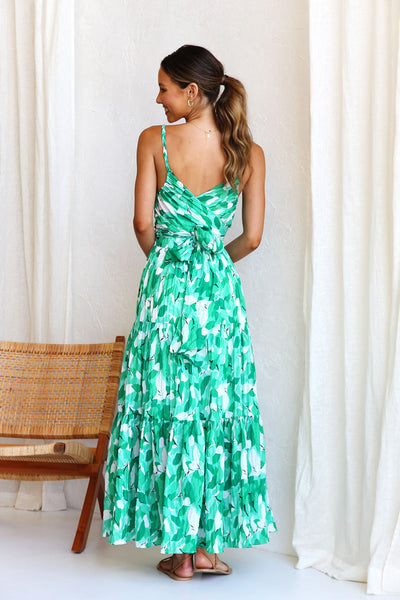 Green Floral V Neck Maxi Dress