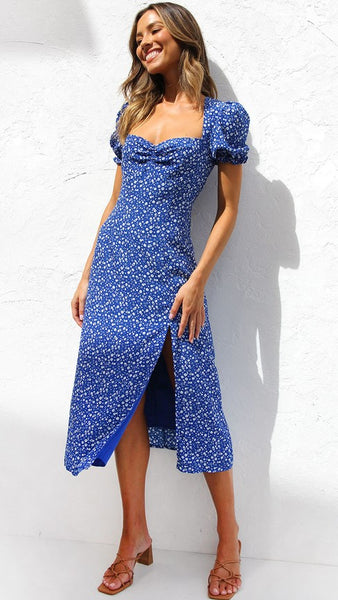 Blue Floral Pencil Midi Dress