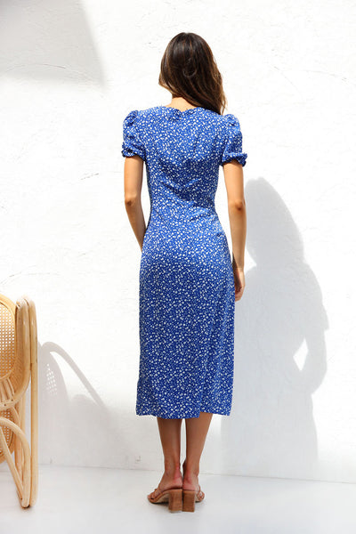 Blue Floral Pencil Midi Dress