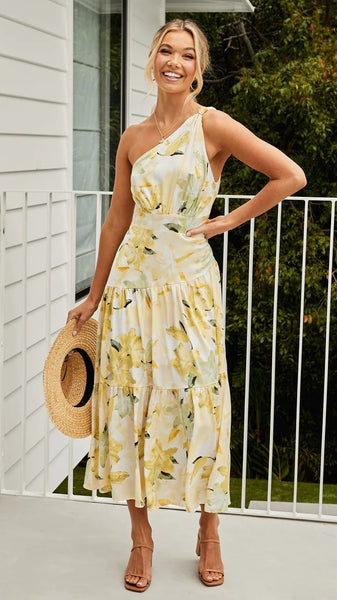Yellow Floral Foliage Print Midi Dress