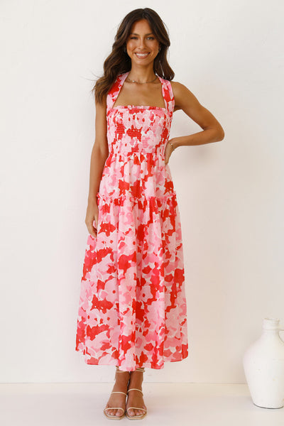 Pink Floral Crossover Back Midi Dress