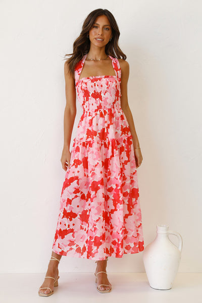 Pink Floral Crossover Back Midi Dress