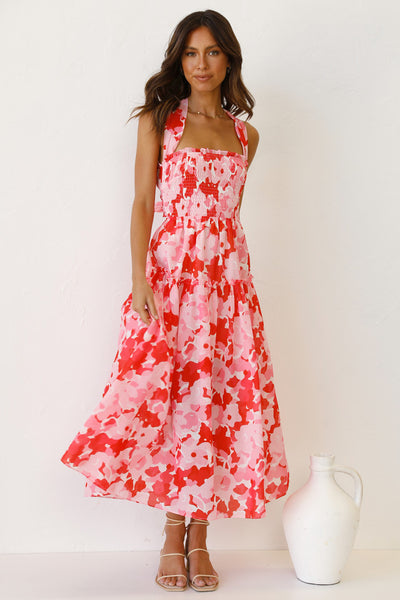 Pink Floral Crossover Back Midi Dress