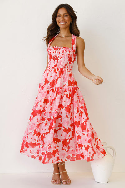 Pink Floral Crossover Back Midi Dress