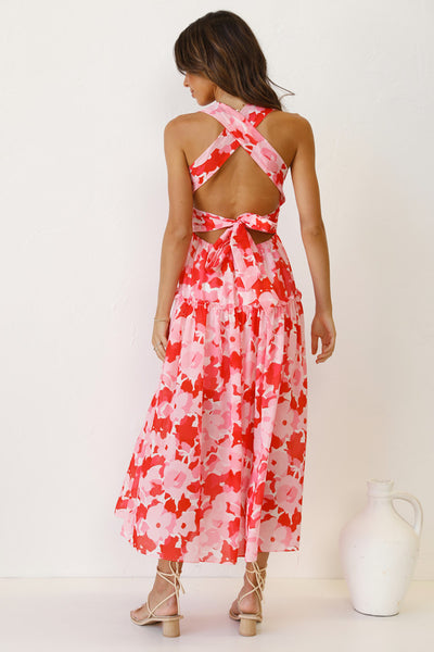 Pink Floral Crossover Back Midi Dress