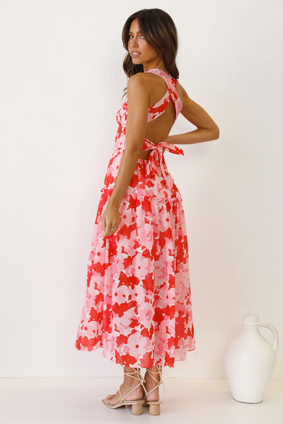 Pink Floral Crossover Back Midi Dress