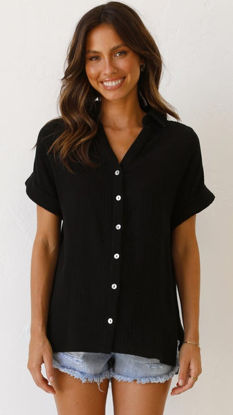 Black Button Down Short Sleeves Tee