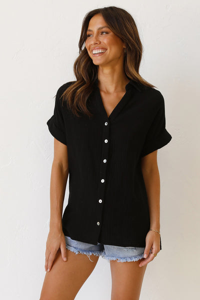 Black Button Down Short Sleeves Tee
