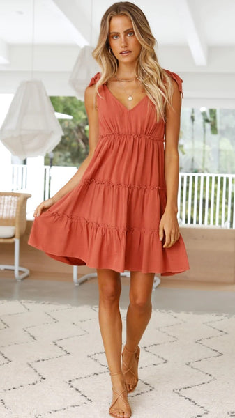 Terracotta Shoulder Tie Tiered Mini Dress