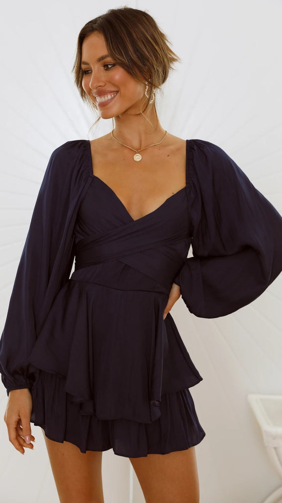 Navy Bowknot Long Sleeves Romper