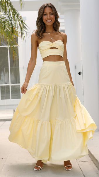 Yellow Off Shoulder Top and Skirt Sets