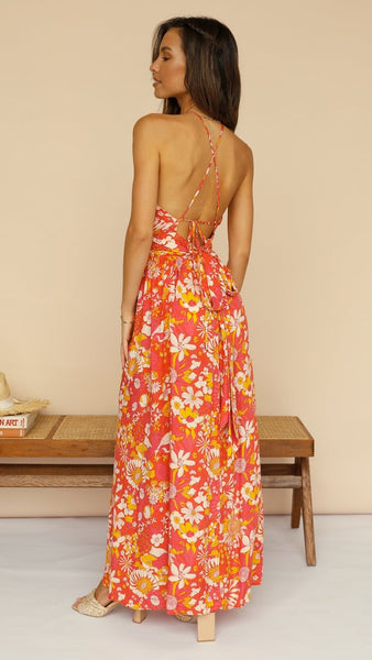 Orange Floral High Slit Backless Dress