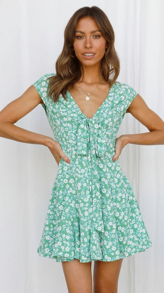 Green Floral Knot Open Back Dress