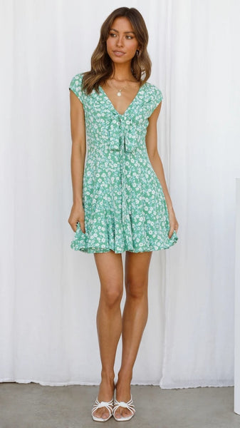 Green Floral Knot Open Back Dress
