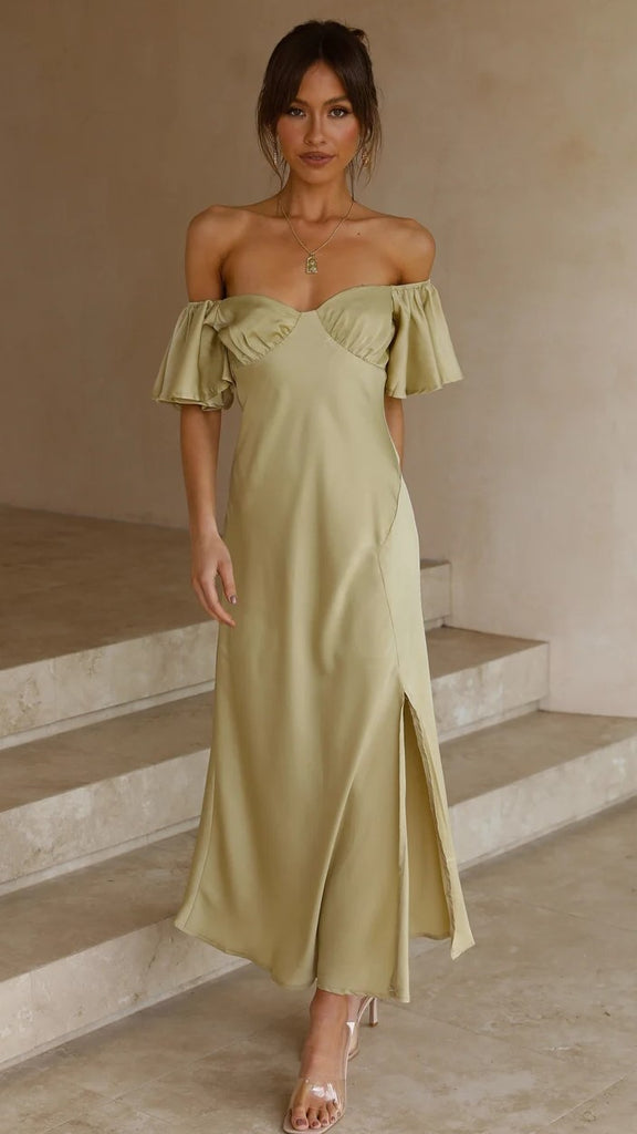 Olive Green Off Shoulder Midi Dress